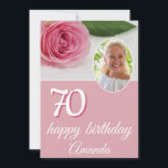 Roze roze bloem Foto Floral 70th Birthday Card<br><div class="desc">Roze Rose Flower Photo Floral 70th Birthday Card. De kaart is roze en heeft een prachtige roze roze roos. De tekst is in een trendy wit manuscript. Voeg jouw naam,  foto en bericht op de achterzijde toe.</div>
