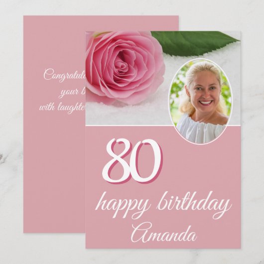 Roze roze bloem Foto Floral 80th Birthday Card (Voorkant / Achterkant)