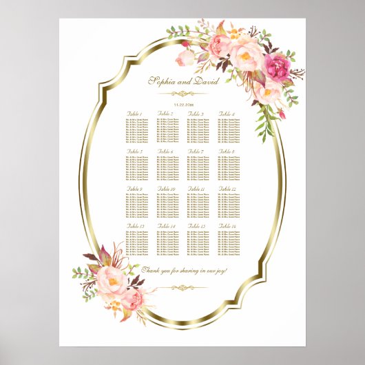 Roze Roze Bloem Gouden Frame Zitplaatskaart Poster (Voorkant)
