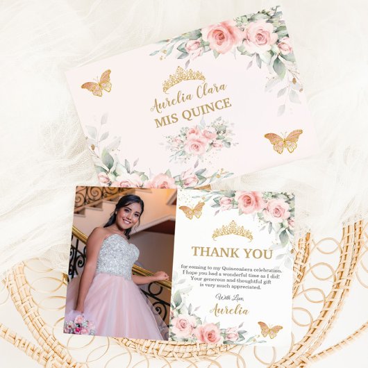 Roze Roze Bloem Gouden Kroon Quinceañera Foto  Bedankkaart