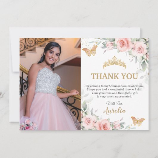 Roze Roze Bloem Gouden Kroon Quinceañera Foto Bedankkaart (Voorkant)