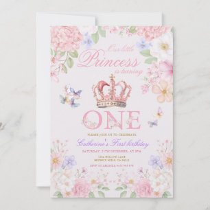 Roze Roze Bloem Vlinder Prinses 1e Verjaardag Kaart