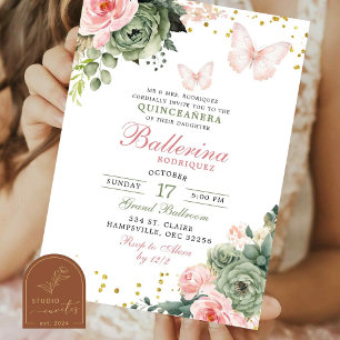 Roze Roze Bloem Vlinder Quinceanera Kaart