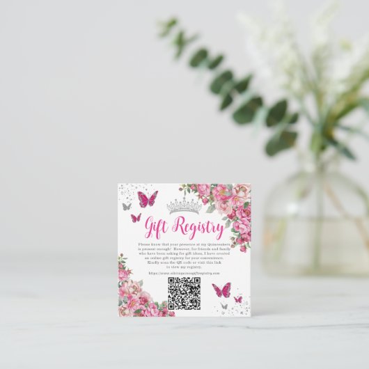 Roze Roze Bloem Vlinder Quinceanera QR Cadeau Informatiekaartje (Staand voorkant)