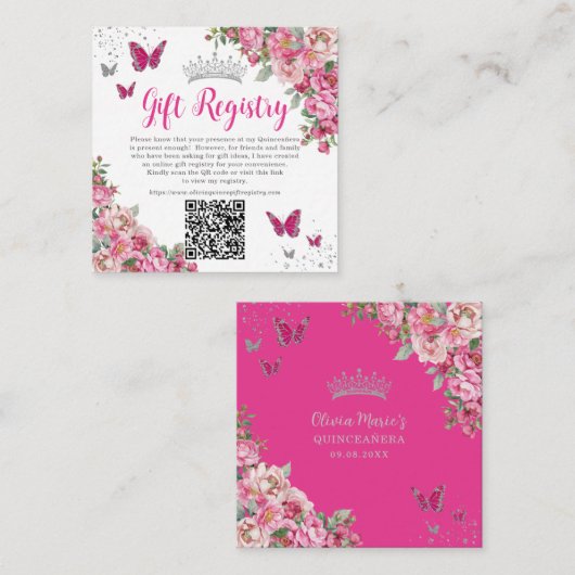 Roze Roze Bloem Vlinder Quinceanera QR Cadeau Informatiekaartje (Voorkant / Achterkant)