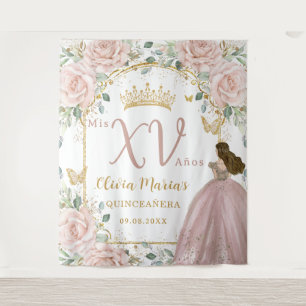 Roze Roze Bloem Vlinders Prinses Quinceañera Wandkleed