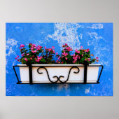 Roze roze bloemdoos tegen blauwe  wand poster (Voorkant)