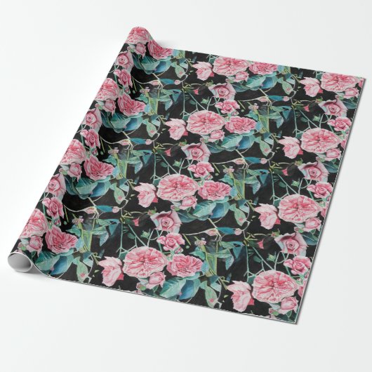 Roze roze bloemen florale Waterverf Cadeaupapier (Uitgerold)