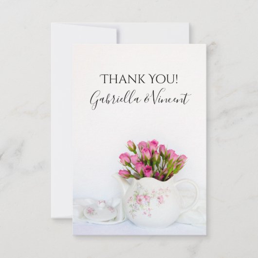 Roze roze bloemen in het teapothuwelijk bedankkaart (Voorkant)