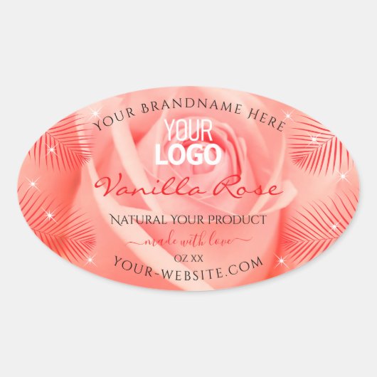 Roze roze bloemen Logo palmbladeren Ovale Sticker (Voorkant)