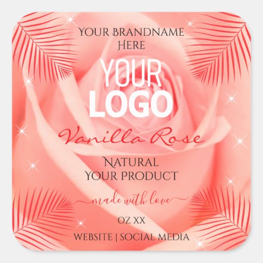 Roze roze bloemen Logo palmbladeren Vierkante Sticker (Voorkant)