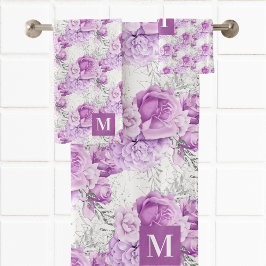Roze roze bloemen witte monogram bad handdoek