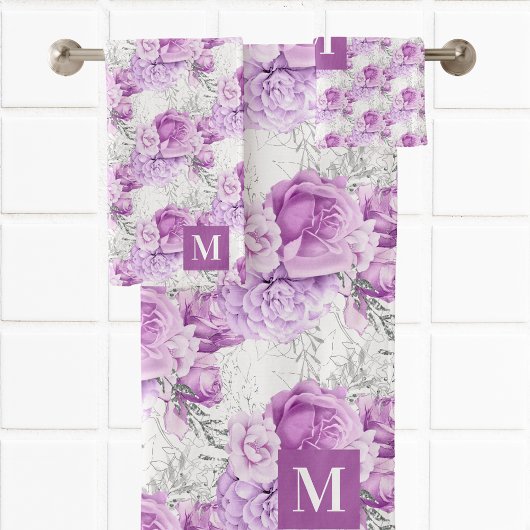 Roze roze bloemen witte monogram bad handdoek