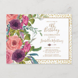 Roze Roze Bloemengoud Glitter 18e Verjaardag Uitnodiging Briefkaart