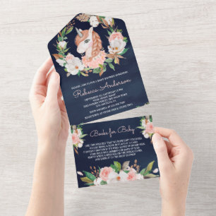 Roze Roze Bloemenvlecht Eenhoorn Navy Baby Shower All In One Uitnodiging