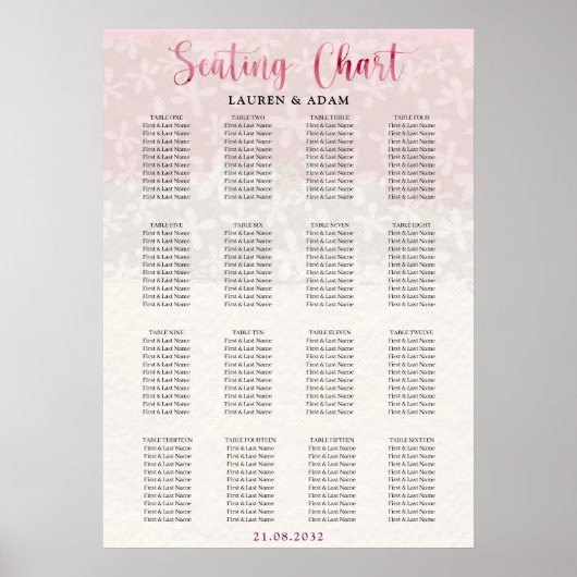 Roze Roze Bloemige Aquarel Zitplaatsenplan Poster (Voorkant)