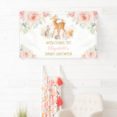 Roze Roze Bloemige Bos Herten Konijn Welkom Baby Spandoek (Insitu)