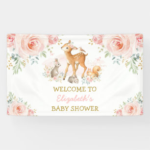 Roze Roze Bloemige Bos Herten Konijn Welkom Baby Spandoek