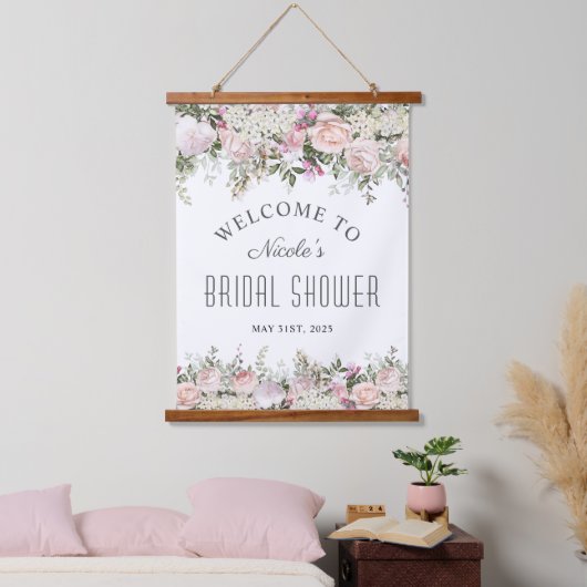 Roze Roze Bloemige Bruiloftswelkom Hangend Wandkleed (Slaapkamer)