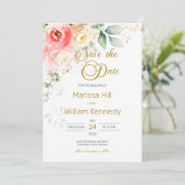 Roze Roze Bloemige Eucalyptus Trouw Save The Date Kaart (Staand voorkant)