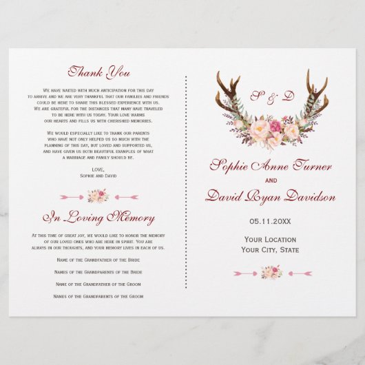 Roze Roze Bloemige Geweien Huwelijksprogramma (Voorkant)