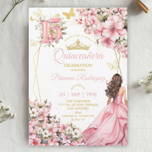 Roze Roze Bloemige Gouden Vlinders Quinceañera Kaart