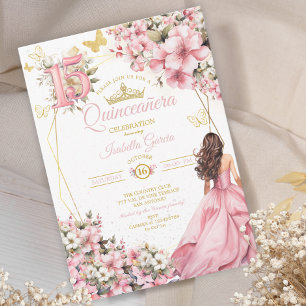 Roze Roze Bloemige Gouden Vlinders Quinceañera Kaart