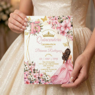 Roze Roze Bloemige Gouden Vlinders Quinceañera Kaart