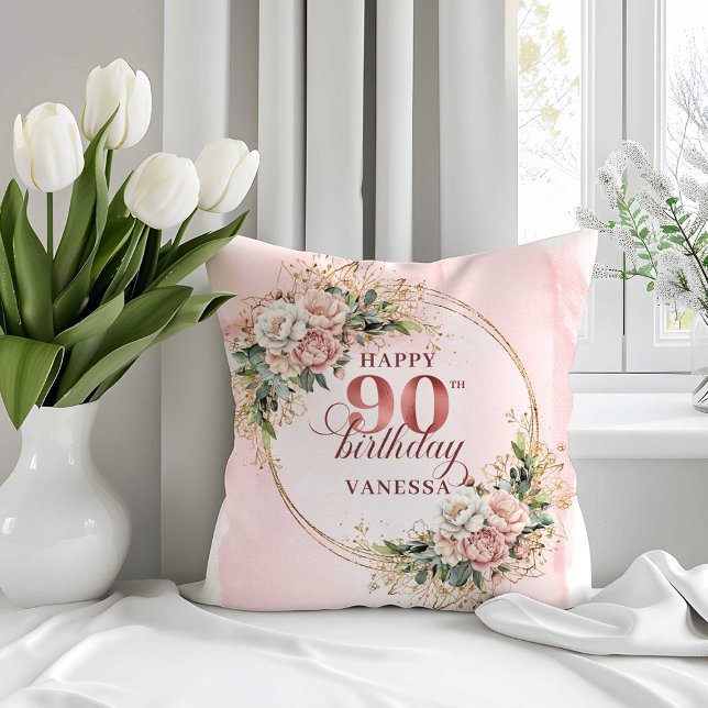 Roze Roze Bloemige Groene 90e Verjaardag Kussen (Blush Pink Floral Greenery 90th Birthday Pillow)