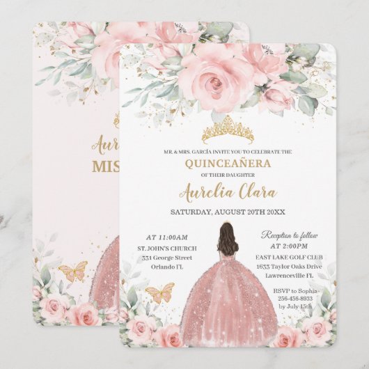 Roze Roze Bloemige Prinses Rose Goud Quinceañera I Kaart (Voorkant / Achterkant)