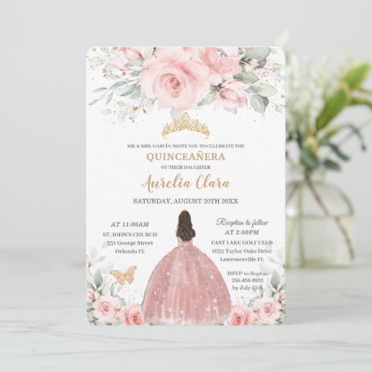 Roze Roze Bloemige Prinses Rose Goud Quinceañera I Kaart (Staand voorkant)