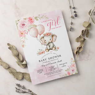 Roze Roze Bloemige Schattige Olifant Baby Shower Kaart