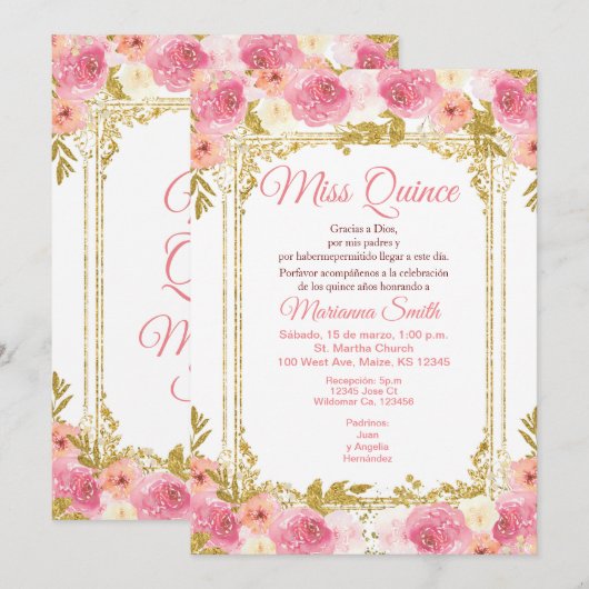 Roze Roze Bloemige Waterverf Mexicaanse Miss Quinc Kaart (Voorkant / Achterkant)