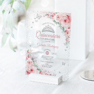 Roze Roze Bloemige Waterverfrozen Quinceanera Acryl Uitnodigingen
