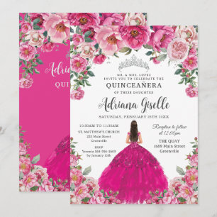 Roze Roze Bloemige Zilveren Quinceanera XV Sweet 1 Kaart