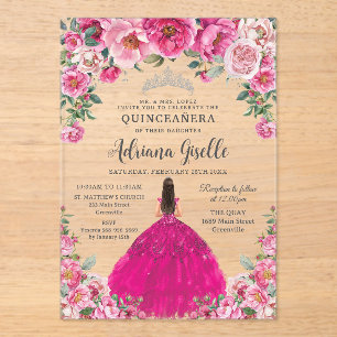 Roze Roze Bloemige Zilveren Quinceanera XV Verjaar Acryl Uitnodigingen