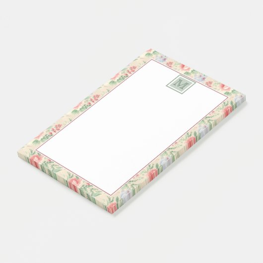  roze roze bloemmonogram blokpatroon post-it® notes (Schuin)