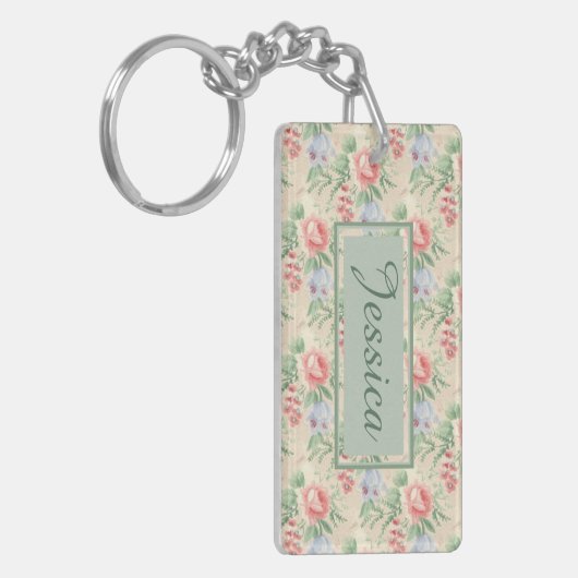 roze roze bloempatroon gepersonaliseerd sleutelhanger (Voorkant Links)