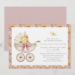 Roze Roze Bloemstuk Wagen Baby Borrel Kaart