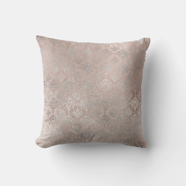 Roze Roze Blush Powder Grungy Silver Grey Damask Kussen (Voorkant)