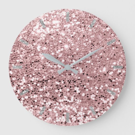 Roze Roze Blush Sparkly Faux Glitter Gray Grote Klok (Voorkant)