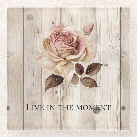 Roze Roze Crème Wit Faux Hout Glazen Onderzetter (Voorkant)