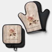 Roze Roze Crème Wit Faux Hout Ovenwant & Pannenlap Set (Voorkant / Achterkant)