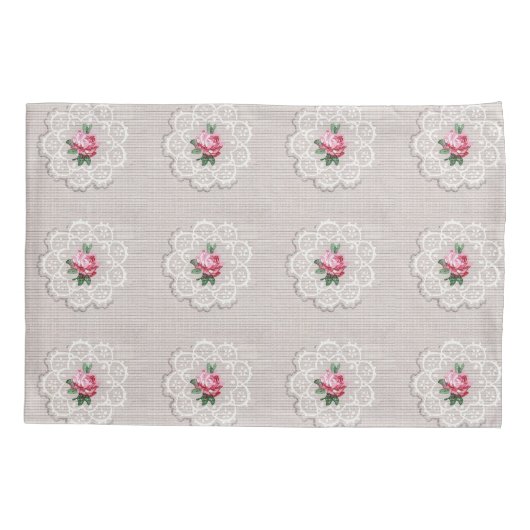 Roze Roze Doily Pattern  Grijs Kussen Hoesje Kussensloop (Achterkant)
