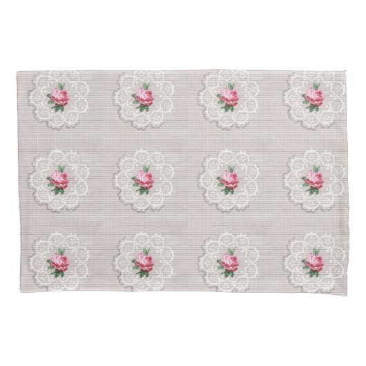 Roze Roze Doily Pattern  Grijs Kussen Hoesje Kussensloop (Voorkant)