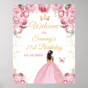 Roze Roze Donkere Huid Prinses Verjaardag Welkom Poster