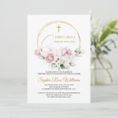 Roze Roze Eerste Heilige Communie Kaart (Staand voorkant)