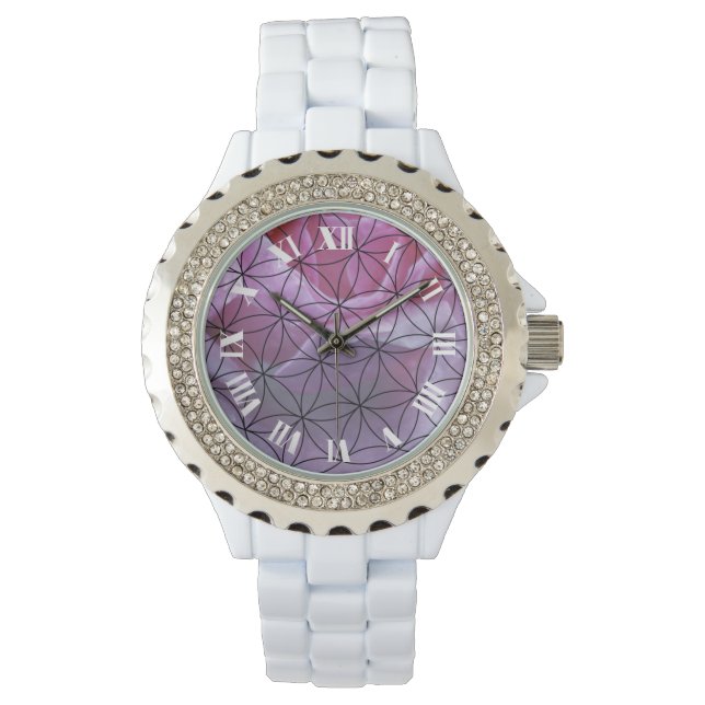 Roze roze en de bloem van het levenspatroon horloge (Voorkant)