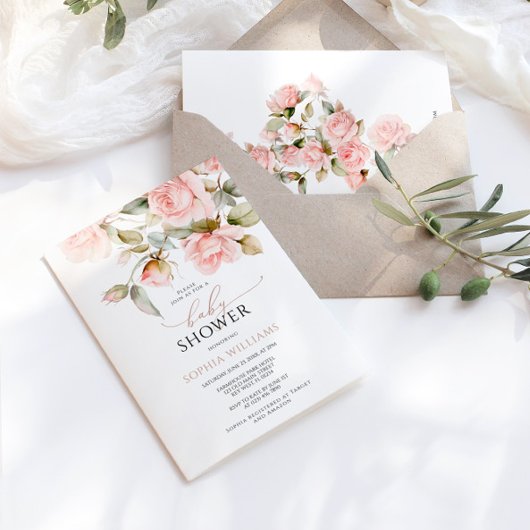 Roze roze en groene bladeren Baby shower uitnodigi Kaart