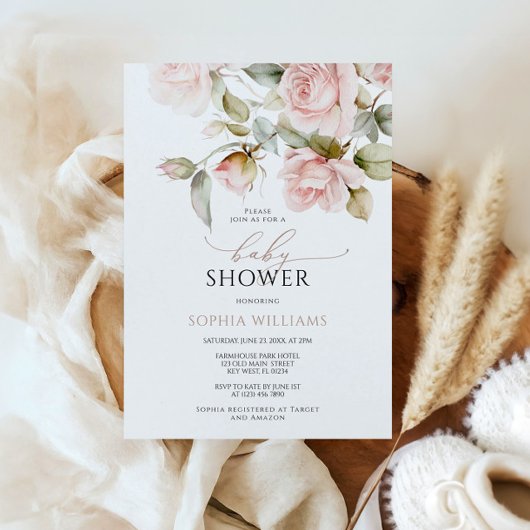 Roze roze en groene bladeren Baby shower uitnodigi Kaart